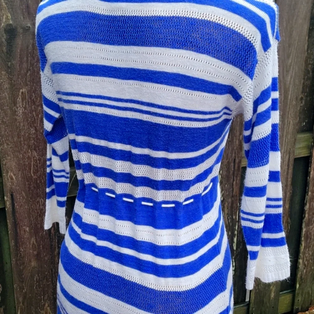 Motherhood Maternity Striped Babydoll Pointelle Sweater with Drawstring Tie